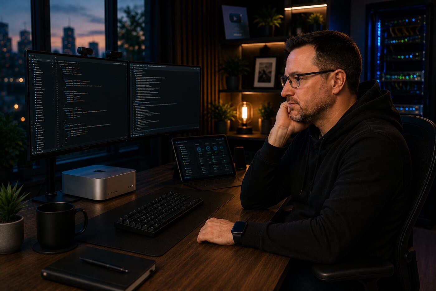 J.J. Smiley at his homelab workstation, server rack in the background