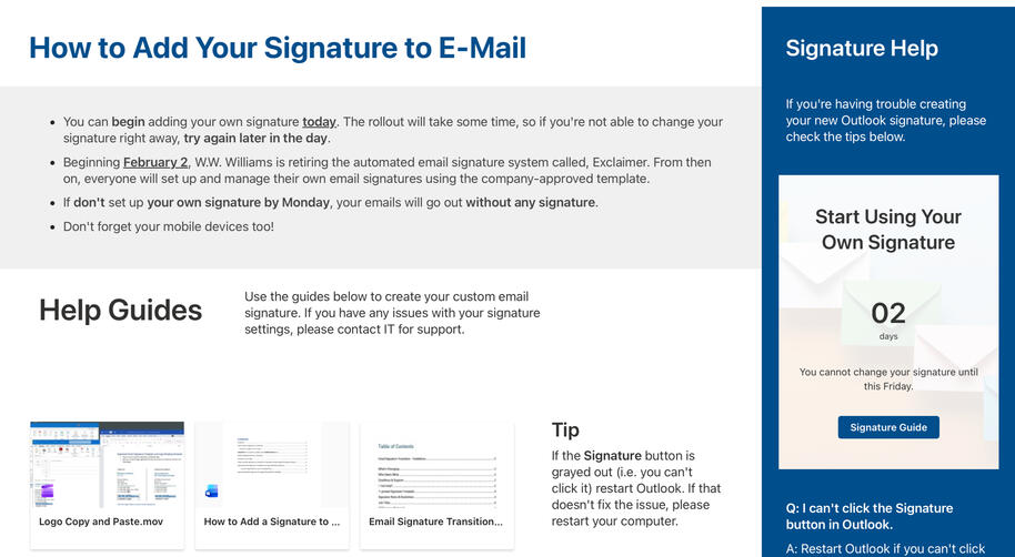 A SharePoint IT help page titled “How to Add Your Signature to E-Mail,” showing structured instructions, help guides, links to documents, and a sidebar with tips and support information.