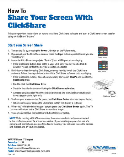A professionally formatted how-to guide titled “How to Share Your Screen With ClickShare,” featuring step-by-step instructions, numbered lists, icons, and diagrams explaining how to start and end a screen-sharing session.