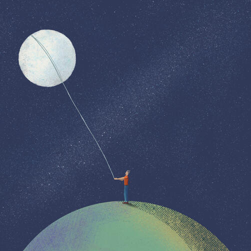 An illustrated figure standing on a small planet in space, holding a string connected to a glowing moon floating above, against a star-filled background.