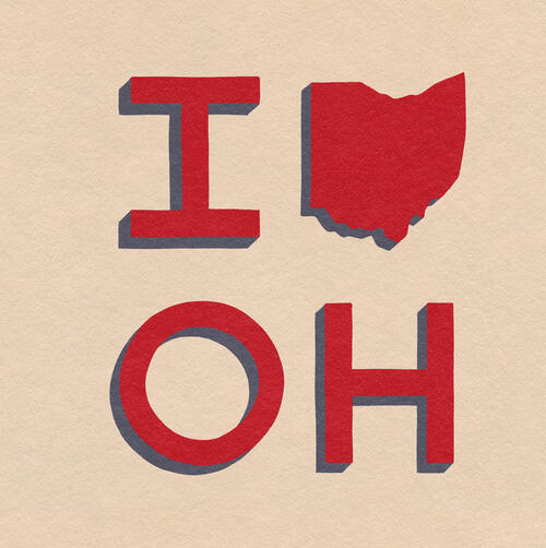 A graphic design reading “I ♥ OH,” with the letter I and the letters O and H in bold red type, and a red silhouette of the state of Ohio used as the heart symbol, set on a light textured background.