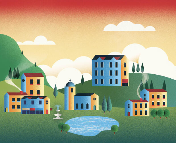 A stylized illustration of a small village with colorful buildings, rolling green hills, trees, and a pond, set beneath a warm red-and-yellow sky.