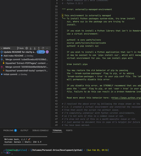 A screenshot of Visual Studio Code showing a Python script with commented documentation, code blocks, and a terminal panel open at the bottom on a macOS system.