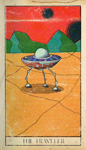 A retro-style illustration resembling a vintage card, showing a small robotic spacecraft standing on thin legs in a desert landscape beneath a red sky, labeled “The Traveler.”