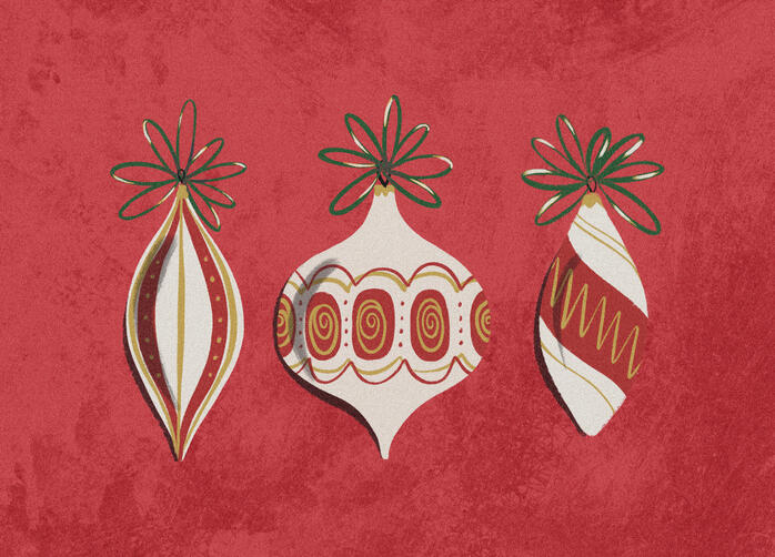 An illustrated set of three decorative hanging ornaments with patterned designs, shown against a textured red background.