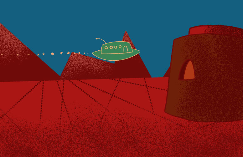 A minimalist illustration of a green flying saucer hovering above a red desert landscape with geometric mountains and textured patterns.